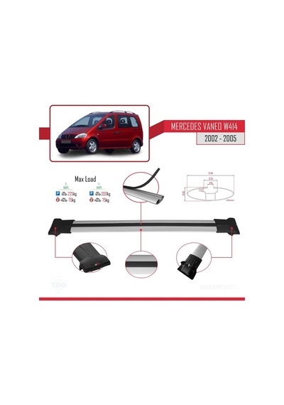Mercedes Vaneo W414 2002-2005 Arası İle Uyumlu Fly Model Ara Atkı Tavan Barı Gri 4 Adet Bar