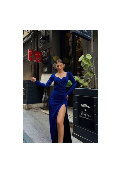 DefyModa Kadın Kalp Yaka Yırtmaçlı Uzun Kollu Abiye Elbise Saks