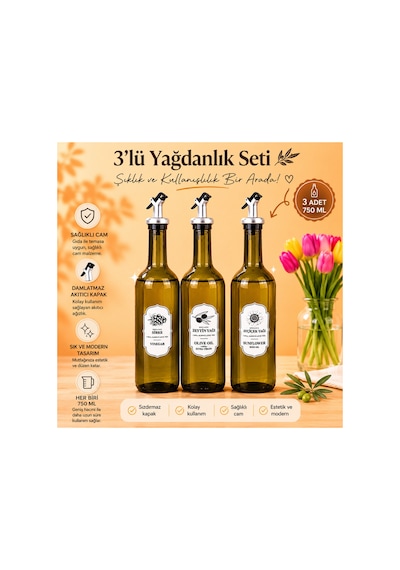 3'lü Cam Yağdanlık Seti Başlıklı Sirke Zeytinyağı Ayçiçekyağı Şişesi Yağlık 750 Ml Yeşil