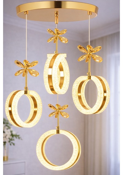 4'lü Alyans Gold 3 Renk Modlu Kristal Taşlı Ledli Avize Altın