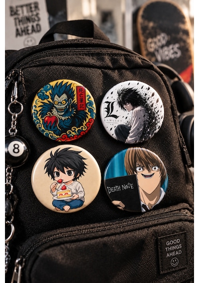 Death Note 58mm 4'lü Rozet Seti Light Yagami L Ryuk Anime Çanta Mont Ceket Rozeti Çok Renkli
