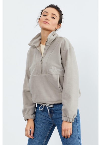 Tommy Life Koyu Bej Yarım Fermuar Etek Ucu Büzgülü Kadın Polar Oversize Sweatshirt - 97171 Koyu Bej