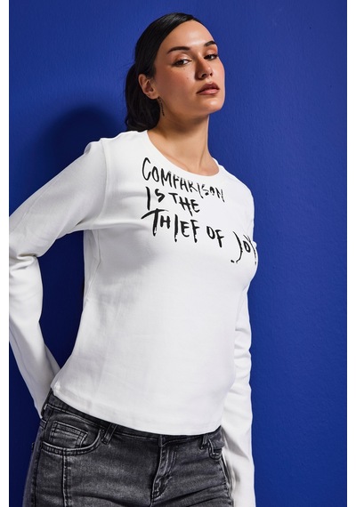 Itsbasic Kadın Beyaz W5 Yazı Baskılı %100 Pamuk Sweatshirt
