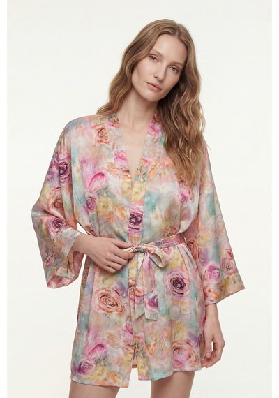 Fumee Marguerite Desenli Kısa Saten Sabahlık / Kimono