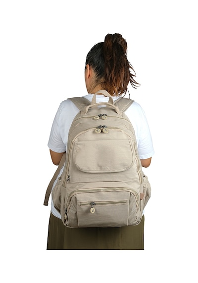 Bagacar 1215 Krinkıl Kumaş Su Geçirmez Laptop Bölmeli Okul Ve Günlük Sırt Çantası Bej