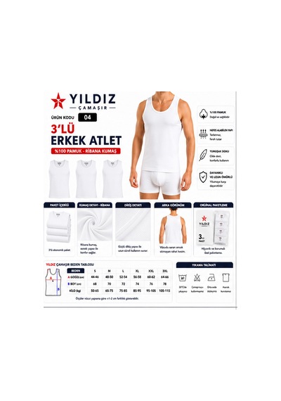 Yıldız Çamaşır Erkek Ribana Askılı Atlet 04-18-21 - 3 Adet Beyaz