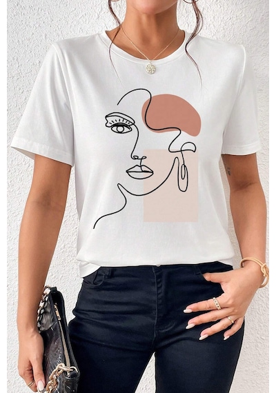 Unisex Make Up Siluet Baskılı Tasarım Tshirt Beyaz