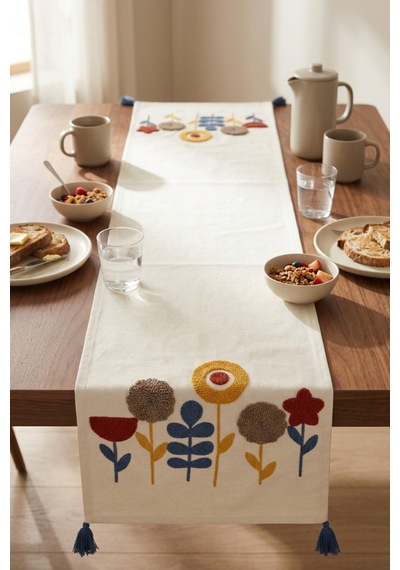 Botanik Rüya Renkli Punch Nakışlı Püsküllü Pamuk Runner 40x130 Cm Mavi