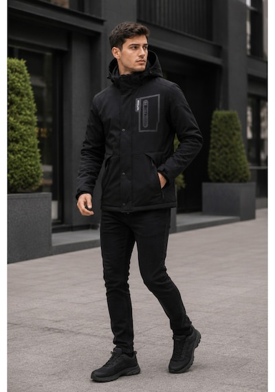 Suit Aydın Erkek Mont İçi Kürklü Kalın Su Geçirmez Mont Outdoor Mont Siyah