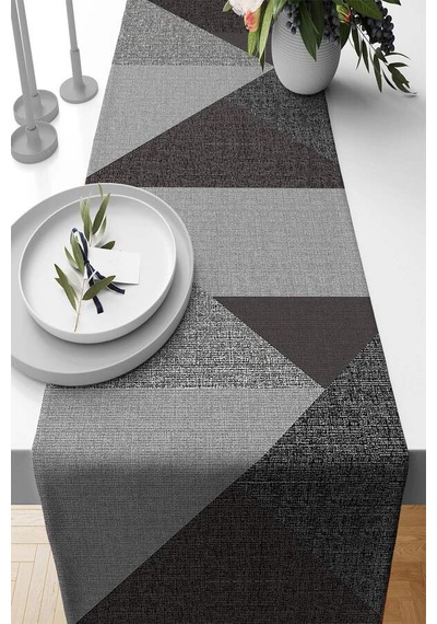 Füme Geometrik Desenli Premium Masa Örtüsü Runner Rnr606n11
