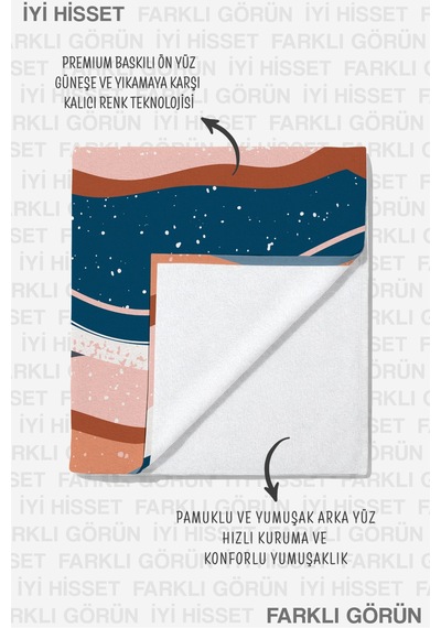 Soyut Dalga Modern Plaj Havlusu - Bohem Marine Lacivert Somon Hızlı Kuruyan Mikrofiber Havlu Kumlu Kumul