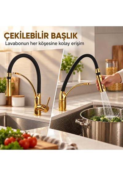 Valkyrie Çekilebilir Başlıklı Mutfak Bataryası 2 Akışlı Esnek Hortumlu Altın Siyah Siyah - Altın