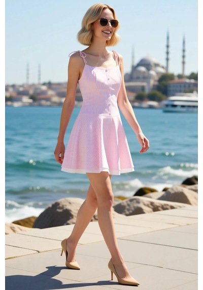 Benerly Kadın İnce Askılı Straplez Yaka Düğmeli Mini Skater Elbise Çizgil Pembe