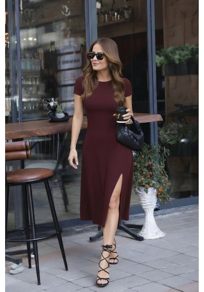 Butik İstanbul Kadın Kısa Kollu Bisiklet Yaka Derin Yırtmaç Detay Viskon Elbise Bordo