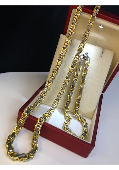 5mm Kral Erkek Çelik Sarı Beyaz Set Işıklı Kutuda Sevgiliye Eşe Babaya Bileklik Kolye