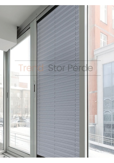 Mavi Gri Plise Katlanır Cam Balkon Perdesi - Ofis Perdesi - Salon Perdesi - 008 Mavi Gri