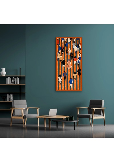 Turuncu Şeritlerde Yürüyen Kalabalık - Metal Tablo - Dec0370 24 X 50 Cm Çok Renkli