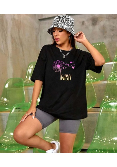 Aselinda Kadın Wısh Baskılı Özel Tasarım Bisiklet Yaka Pamuklu T-shirt Siyah