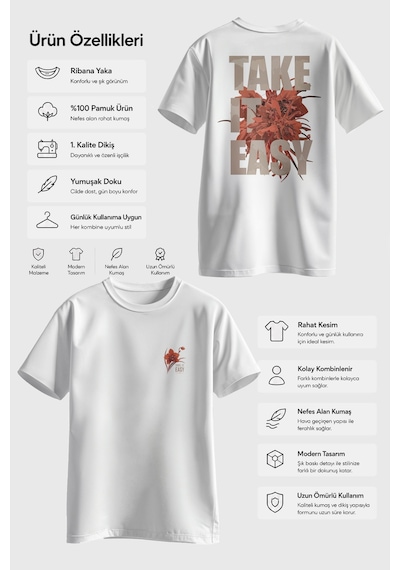 Spoyi Take It Easy Tasarımlı %100 Pamuk Yarım Oversize Beyaz T-xlhirt