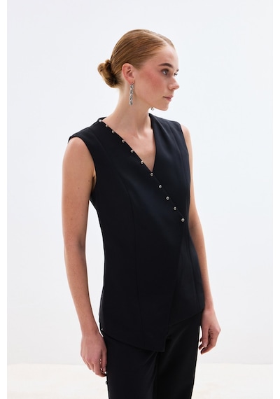 Sateen İncili Kruvaze Yelek - Siyah-136841 Siyah