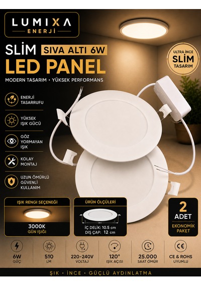 6w Slim Led Spot Panel Yuvarlak 3,5" Delik:8,2cm Dış:12cm Günışığı 3000k 2 Adet