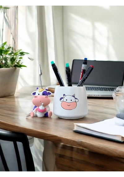 Set Mor Kawaii Sevimli İnek Fotoğraf Tutucu Not Tutacak Kalemlik Ofis Seti Hediyelik Mor İnek Milka