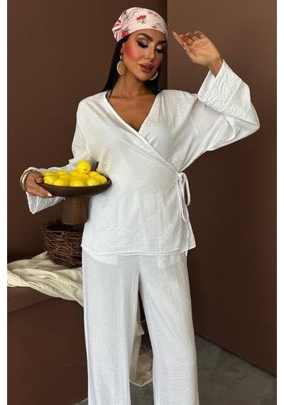 Moderie Butik Kruvaze Model Klasik Pantolonlu Çupra Keten Takım 10191 Beyaz