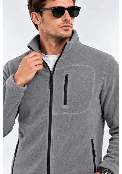 Genius Store Unisex Polar Tam Fermuarlı 3 Cepli Tüylenme Yapmaz Soğuğa Karşı Dayanaklı Spor Erkek-kadın Polar Tekli Gri