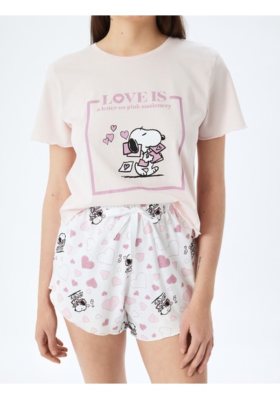 Koton Pamuklu Lisanslı Snoopy Baskılı Kısa Kollu Şortlu Pijama Takımı Pembe 5slk40083mk Gül