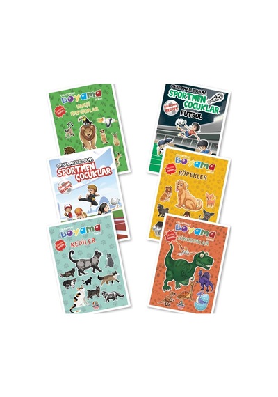 Çıkartmalı Boyama Serisi, Vahşi Hayvanlar, Futbol, Sportmen Çocuklar, Kediler, Köpekler, Dinozorlar