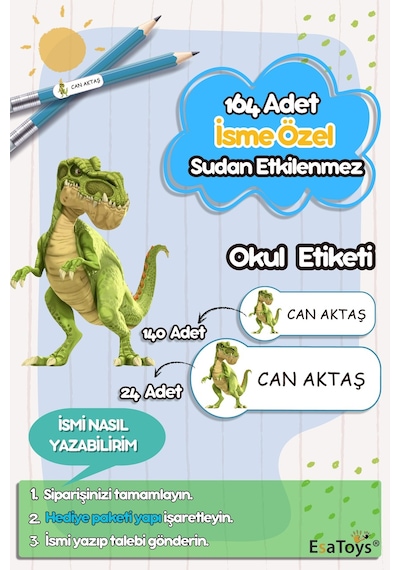 Dinazor Temalı Özel İsminiz Yazılı Okul Etiketi Diğer