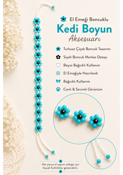 El Yapımı Boncuklu Kedi Boyun Aksesuarı Turkuaz Çiçekli Siyah Boncuk Detaylı Bağcıklı Kedi Tasması