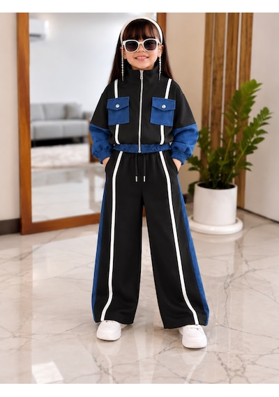 Kokoş Bebe Kot Garnili Şerit Detaylı Kız Çocuk 2 Li Eşofman Takım -5/12 Yaş - 31932 Siyah