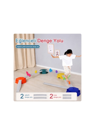 Çocuk Denge Oyunu Seti Montessori Kaydırmaz Denge Yolu Ve Platform Oyuncağı - 2 Uzun 2 Kısa Denge Yolu