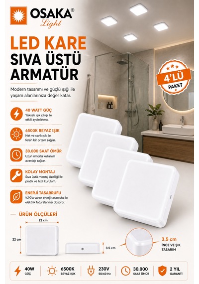 4 Adet Osaka 40w Kare Sıva Üstü Armatür Beyaz Işık 6500k