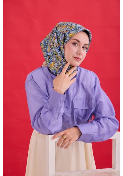 Silk Home Twill İpek Eşarp 11477-27 Mavi Gri, Fosfor Sarı, Soft Turuncu