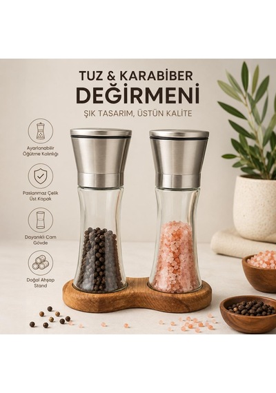 Ahşap Standlı Cam Tuz Karabiber Değirmeni Paslanmaz Çelik Kapak 2 Li Set Çok Renkli