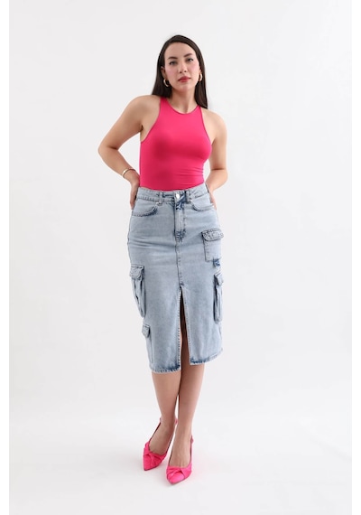 Banny Jeans Kadın Kargo Cepli Önden Yırtmaçlı Jean Etek Buz Mavi 001