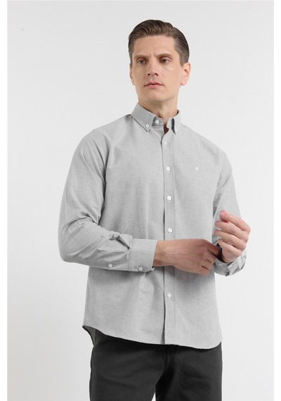 İmza Haki Oxford Düğmeli Yaka Uzun Kol Cepsiz Slim Fit Pamuklu Gömlek 1004260182