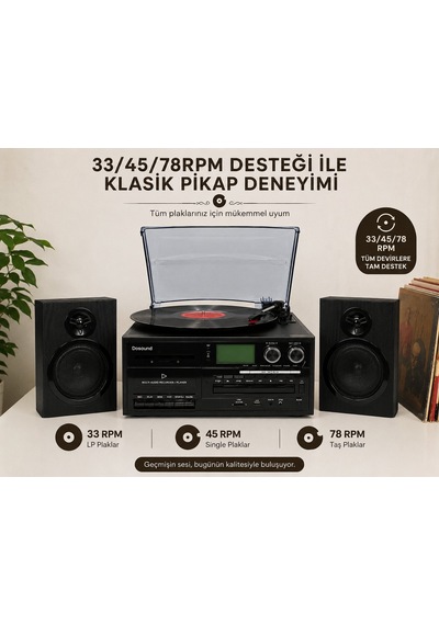 Dosound Tr-18 Ahşap Hoparlörlü Pikap Çalar Kaset Cd Bluetooth Usb Sd Müzik Sistemi 1 Adet
