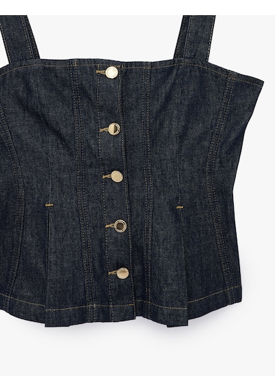 Koton Kare Yaka Kolsuz Pileli Düğme Detaylı Denim Bluz Koyu İndigo 6sal30013md Dark Indigo