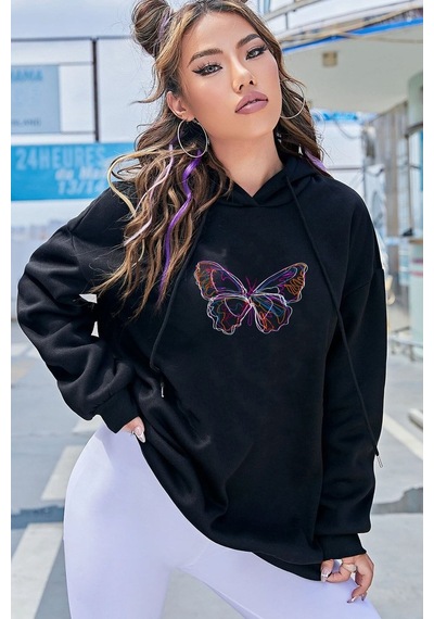 Butterfly Baskılı Sweatshirt Siyah