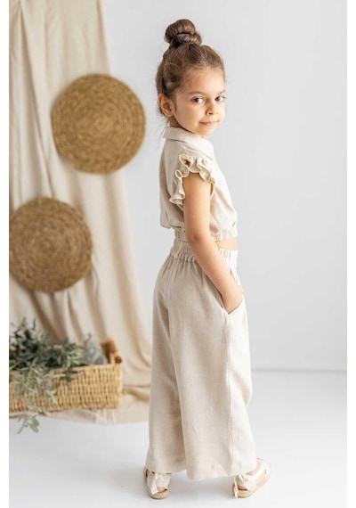Oliven The Kid Oliventhekid Bej Keten Pileli Yanları Lastikli Cepli Geniş Paça Kız Çocuk Pantolon Bej Bej