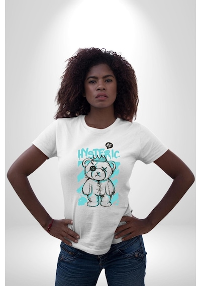 Histerik Unisex Unisex Beyaz Organik Baskılı T-shirt Penye Yüksek Kalite Beyaz