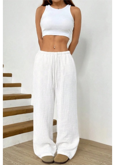 Tarz Cool Bol Paça Müslin Kadın Pantolon Kmslpnt0125 Beyaz