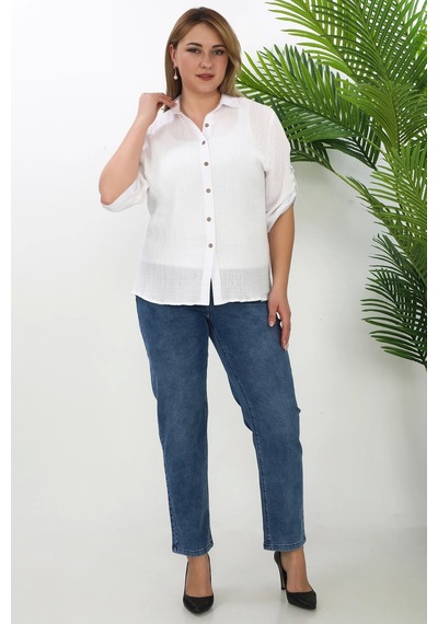 Lady Majestic %100 Cotton Büyük Beden Kadın Müslin Kumaş Gömlek Beyaz