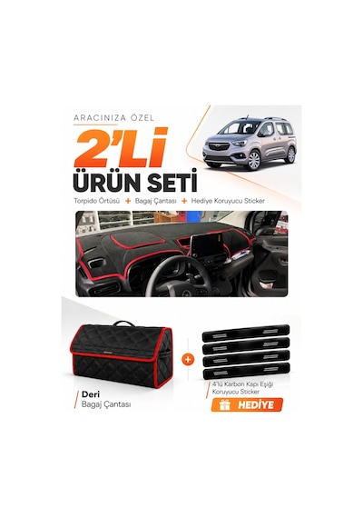 E-biz Opel Combo 2018-2023 Uyumlu Torpido Örtüsü + Deri Bagaj Çantası Seti - Siyah-kırmızı - Op009