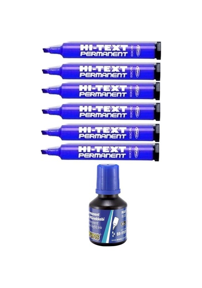 Mavi Kesik Uçlu Markör Permanent Kalem 6 Adet Hı-text Marker Mürekkep Siyah 30 Ml 1 Adet Brons Koli Kalemi