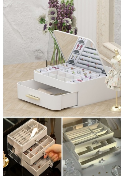Piev House By House Çekmeceli Aynalı Ve Üç Katlı Çekmeceli Takı Kozmetik Organizer İkili Set Krem