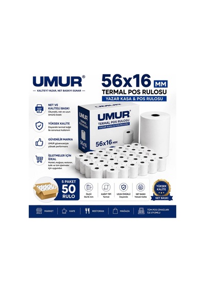 56x16 Yazarkasa Termal Pos Rulosu Net Baskı Yüksek Kalite Pos Cihazlarına Uyumlu 5 Paket 50 Adet